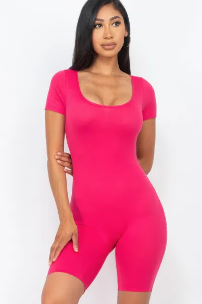 Fashnzfab Women's Short Sleeve Scoop Neck Bodycon Romper In Pink