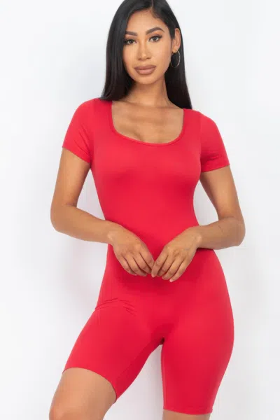 Fashnzfab Women's Short Sleeve Scoop Neck Bodycon Romper In Red