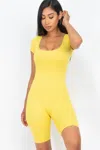 Fashnzfab Women's Short Sleeve Scoop Neck Bodycon Romper In Yellow