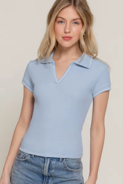Fashnzfab Women's Short Slv Line Detail Polo Rib Knit Top In Blue