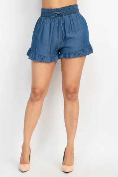 Fashnzfab Women's Smocked Waist Ruffled Denim Shorts In Blue