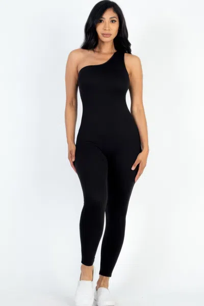Fashnzfab Women's Solid Color One Shoulder Jumpsuit In Black