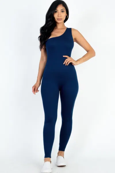 Fashnzfab Women's Solid Color One Shoulder Jumpsuit In Blue