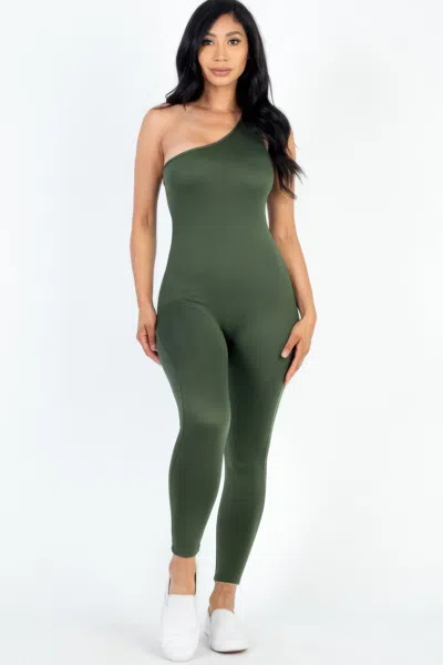 Fashnzfab Women's Solid Color One Shoulder Jumpsuit In Green