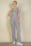 Fashnzfab Women's Solid Flare Leg Sports Jumpsuit In Beige