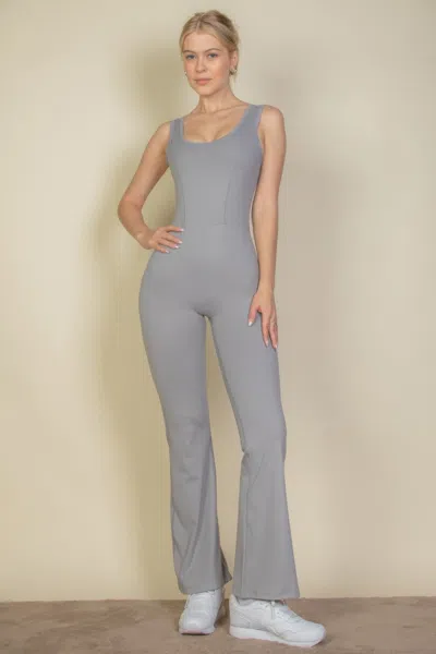 Fashnzfab Women's Solid Flare Leg Sports Jumpsuit In Beige
