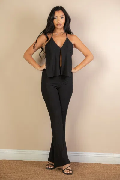Fashnzfab Women's Split Front Backless Halter Top & Flare Pants Set In Black