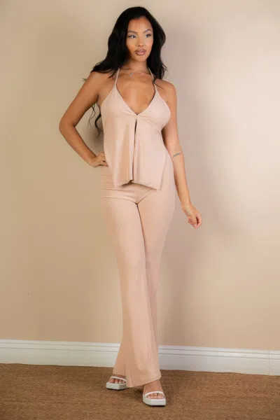 Fashnzfab Women's Split Front Backless Halter Top & Flare Pants Set In Green