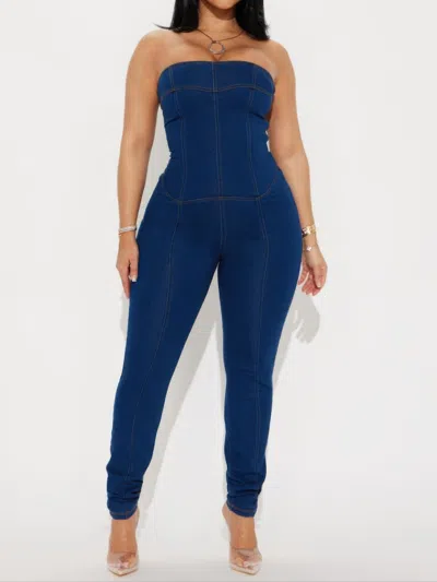 Fashnzfab Women's Strapless Denim Jumpsuit With Lace Up Back In Multi