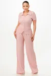 Fashnzfab Women's Textured Polo Top And Pants Set In Pink
