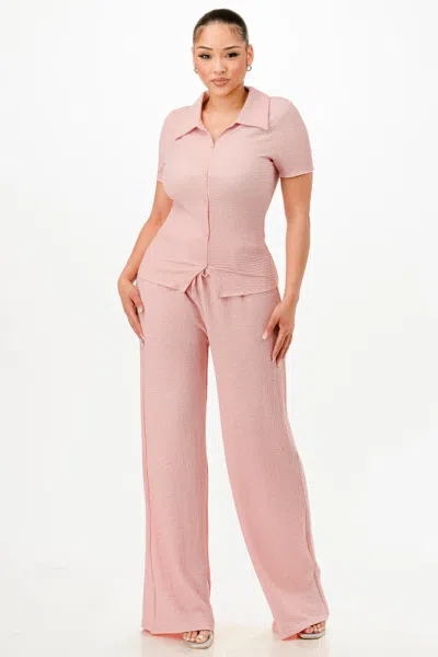 Fashnzfab Women's Textured Polo Top And Pants Set In Pink
