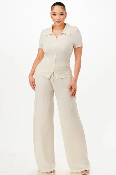 Fashnzfab Women's Textured Polo Top And Pants Set In White