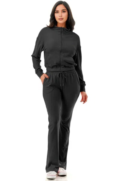 Fashnzfab Women's Thermal Crop Jacket With Flare Pants Set In Black
