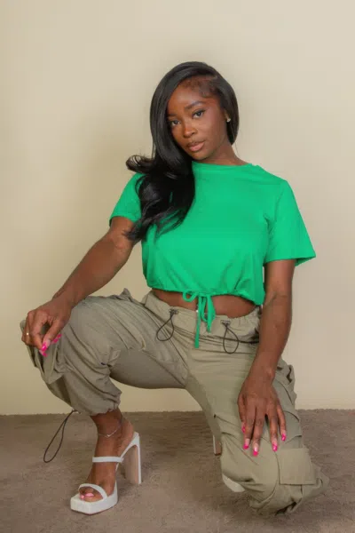 Fashnzfab Women's Tie Front Drawstring Short Sleeve Crop Top In Green
