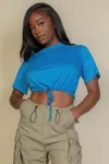 Fashnzfab Women's Tie Front Drawstring Short Sleeve Crop Top In Multi