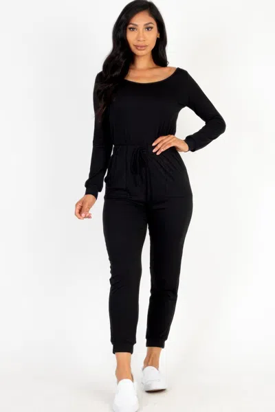 Fashnzfab Women's Tie Waist Long Sleeve Jumpsuit In Black