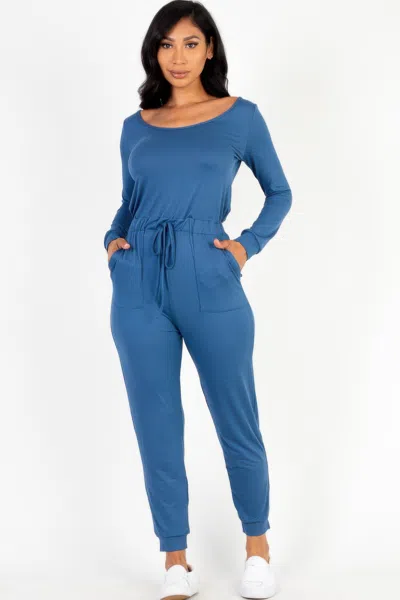 Fashnzfab Women's Tie Waist Long Sleeve Jumpsuit In Blue
