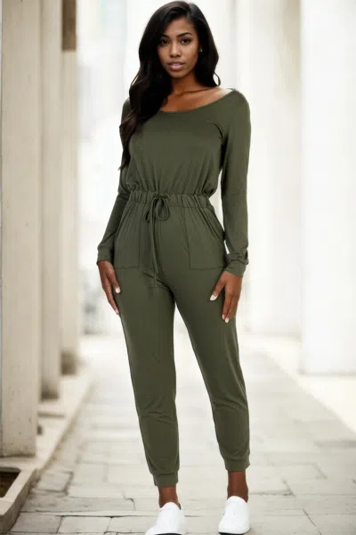 Fashnzfab Women's Tie Waist Long Sleeve Jumpsuit In Green