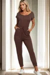 Fashnzfab Women's Two-way Shoulder Drawstring Jumpsuit In Brown