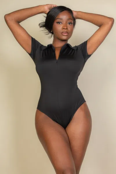 Fashnzfab Women's Zip Front Short Sleeve Bodysuit In Black