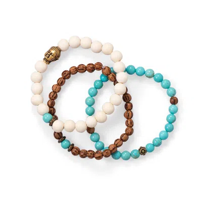 Fashnzfab Wood And Magnesite Buddha Stretch Bracelet Set In Blue