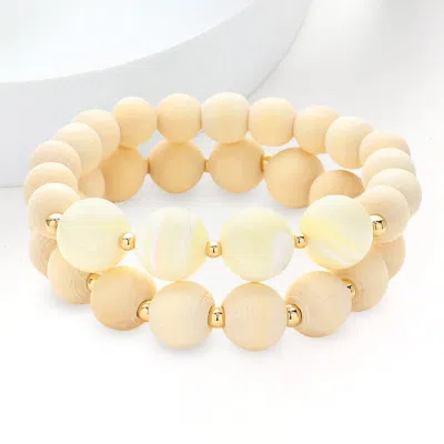 Fashnzfab Wood Ball Beaded Stretch Layered Bracelets Ivory In Gold