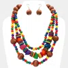 Fashnzfab Wood Ball Beaded Triple Layered Statement Necklace In Multi