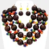 Fashnzfab Wood Ball Beaded Triple Layered Statement Necklace In Brown