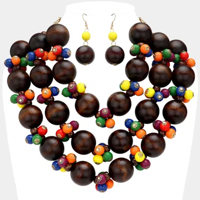 Fashnzfab Wood Ball Beaded Triple Layered Statement Necklace In Brown