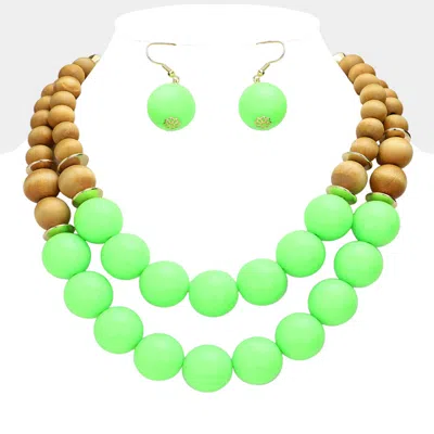 Fashnzfab Wood Ball Double Strand Statement Necklace In Green