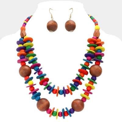 Fashnzfab Wood Ball Pointed Wooden Plate Embellished Statement Necklace In Multi