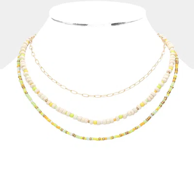 Fashnzfab Wood Ball Seed Beaded Triple Layered Bib Necklace In Multi