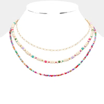Fashnzfab Wood Ball Seed Beaded Triple Layered Bib Necklace In Multi