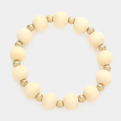 Fashnzfab Wood Ball Stretch Bracelet Ivory In Gold
