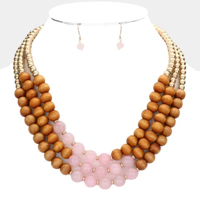 Fashnzfab Wood Beaded Triple Layered Necklace In Pink