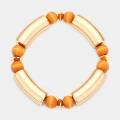 Fashnzfab Wood Beads Metal Stretch Bracelet In Gold