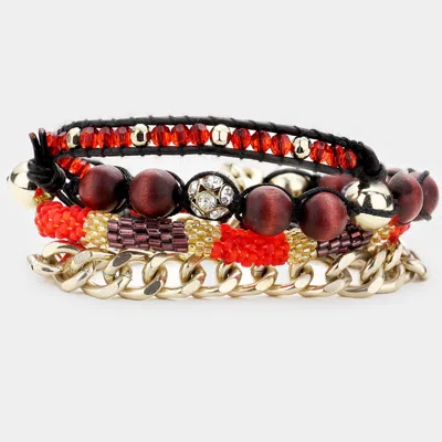 Fashnzfab Wood Chain Link Fashion Bracelet / Necklace Gold, Red In Multi