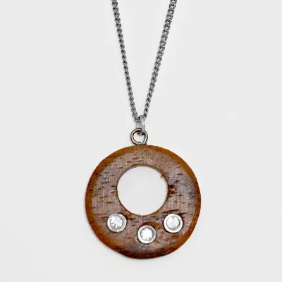 Fashnzfab Wood Disc Cutout Pendant Necklace - Brown, Clear, Silver Burnished