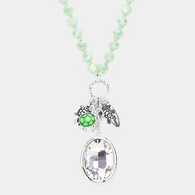 Fashnzfab Wood Faceted Beaded Turtle Oval Stone Pendant Necklace In Green