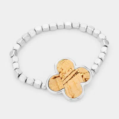 Fashnzfab Wood Floral Metal Bead Stretch Bracelet In Silver