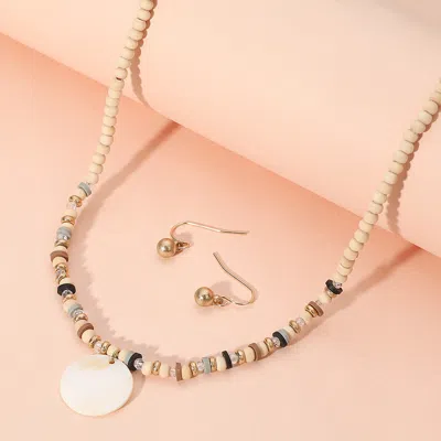 Fashnzfab Wood Heishi Beaded Mother Of Pearl Pendant Necklace In Multi