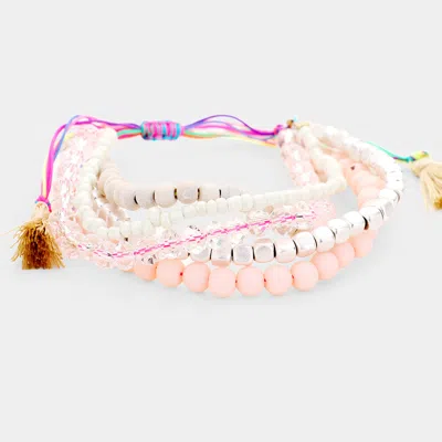 Fashnzfab Wood Metal Beaded Tassel Multi Strand Adjustable Cinch Pull Tie Bracelet Multi, Peach