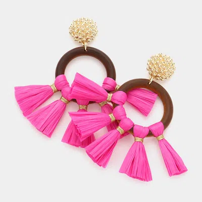 Fashnzfab Wood Open Circle Raffia Tassel Dangle Earrings - Fuchsia In Pink