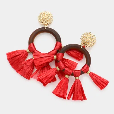 Fashnzfab Wood Open Circle Raffia Tassel Dangle Earrings - Red