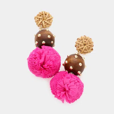 Fashnzfab Wood Raffia Ball Dangle Earrings - Fuchsia In Purple