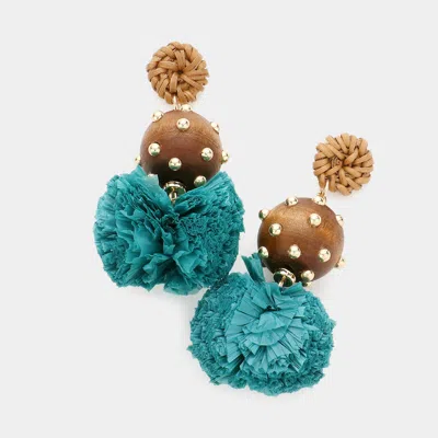 Fashnzfab Wood Raffia Ball Dangle Earrings - Green In Blue
