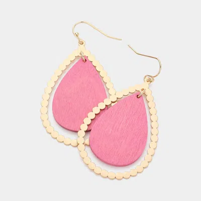 Fashnzfab Wood Teardrop Metal Rim Dangle Earrings In Pink