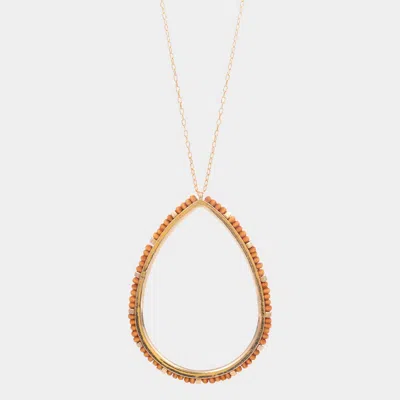 Fashnzfab Wood Trimmed Open Teardrop Pendant Long Necklace In Gold
