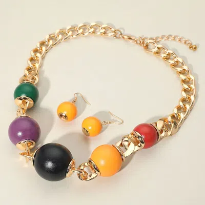 Fashnzfab Wooden Ball Beaded Statement Necklace - Dark, Multi In Gold