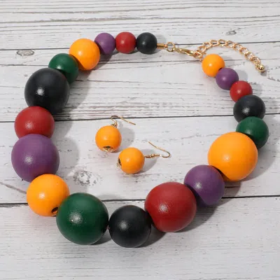 Fashnzfab Wooden Ball Beaded Statement Necklace - Multi
